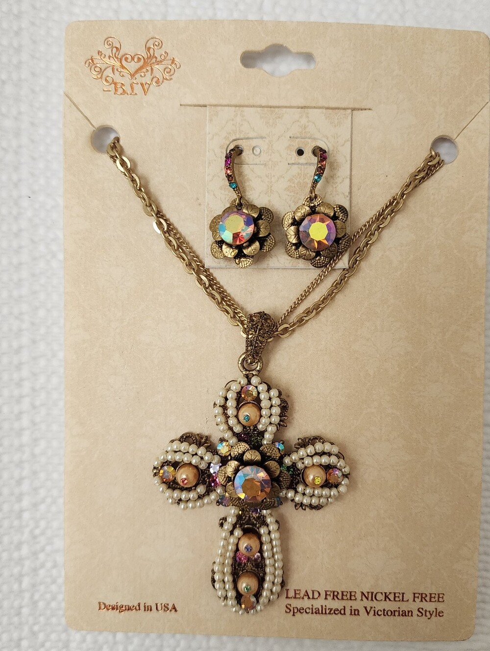 BLV Victorian Style Vtg Cross/Earrings  Seed Pearls Rhinestone Church Christmas